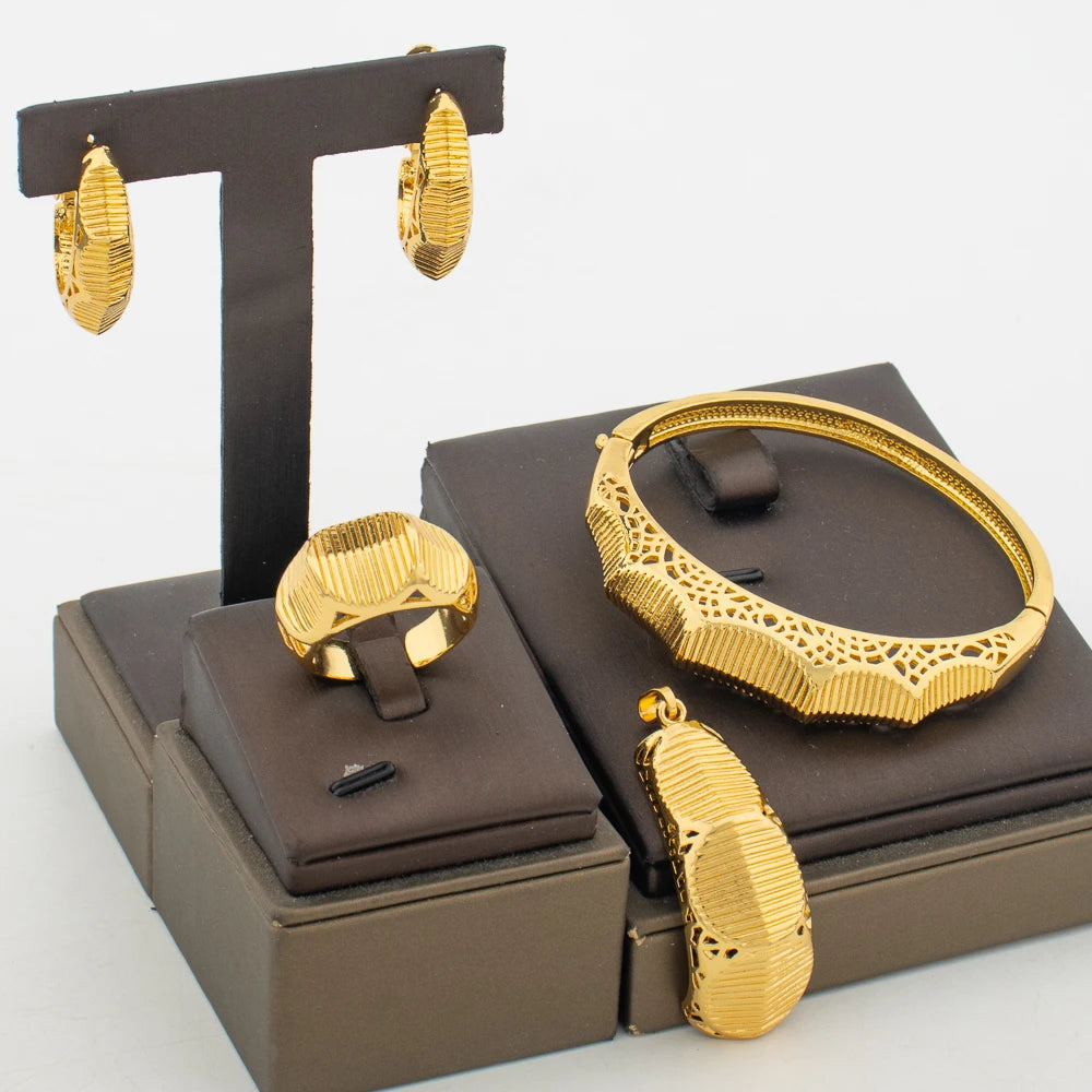 Gold Color Jewelry Set for Party Pendant Necklace and Hoop Earrings Elegant Ladies Bangle Ring Set