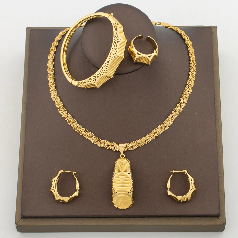 Gold Color Jewelry Set for Party Pendant Necklace and Hoop Earrings Elegant Ladies Bangle Ring Set