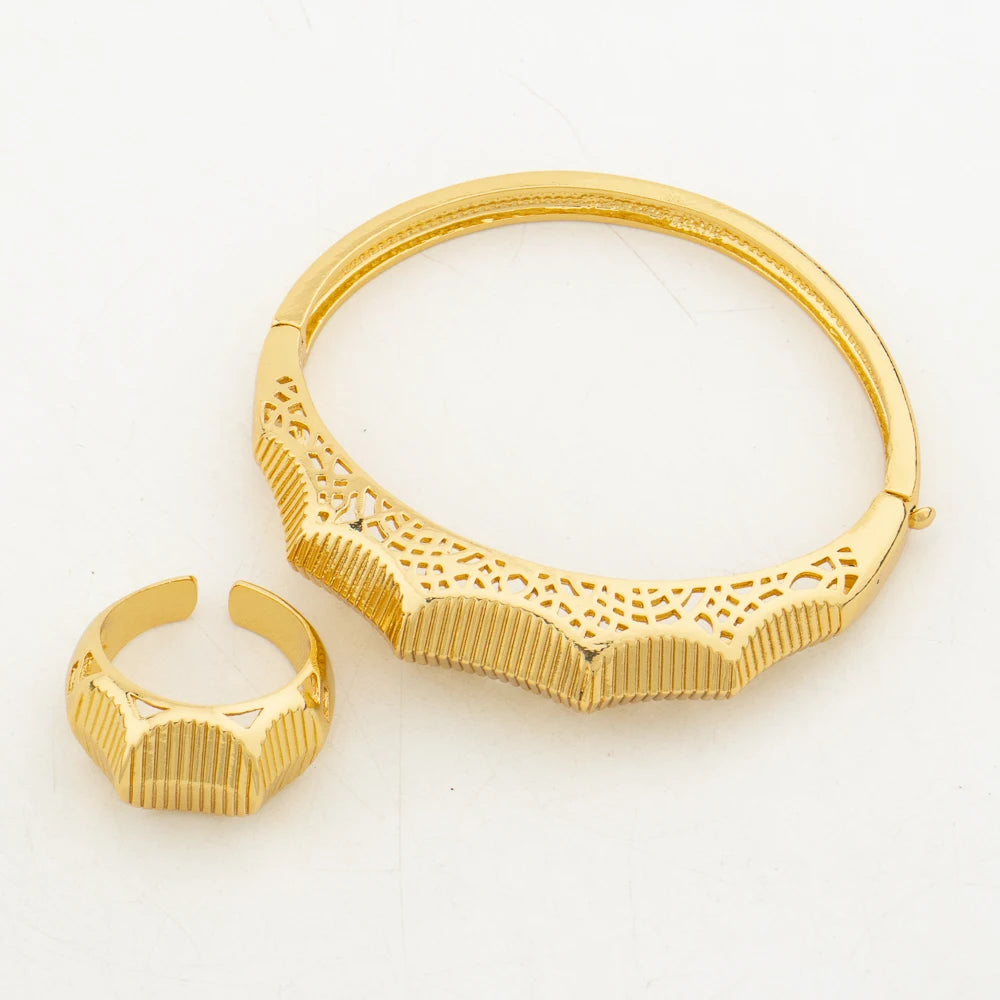 Gold Color Jewelry Set for Party Pendant Necklace and Hoop Earrings Elegant Ladies Bangle Ring Set