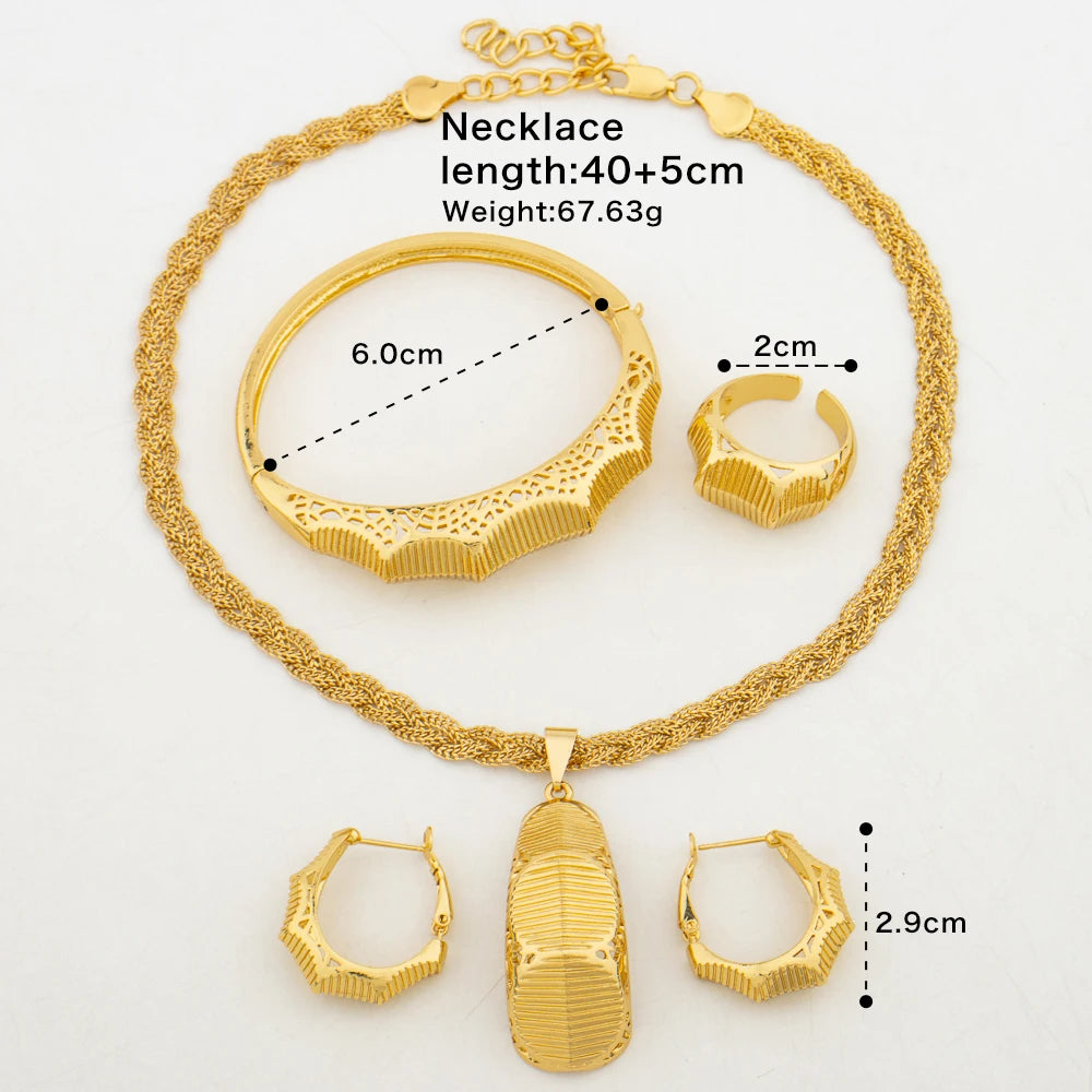 Gold Color Jewelry Set for Party Pendant Necklace and Hoop Earrings Elegant Ladies Bangle Ring Set