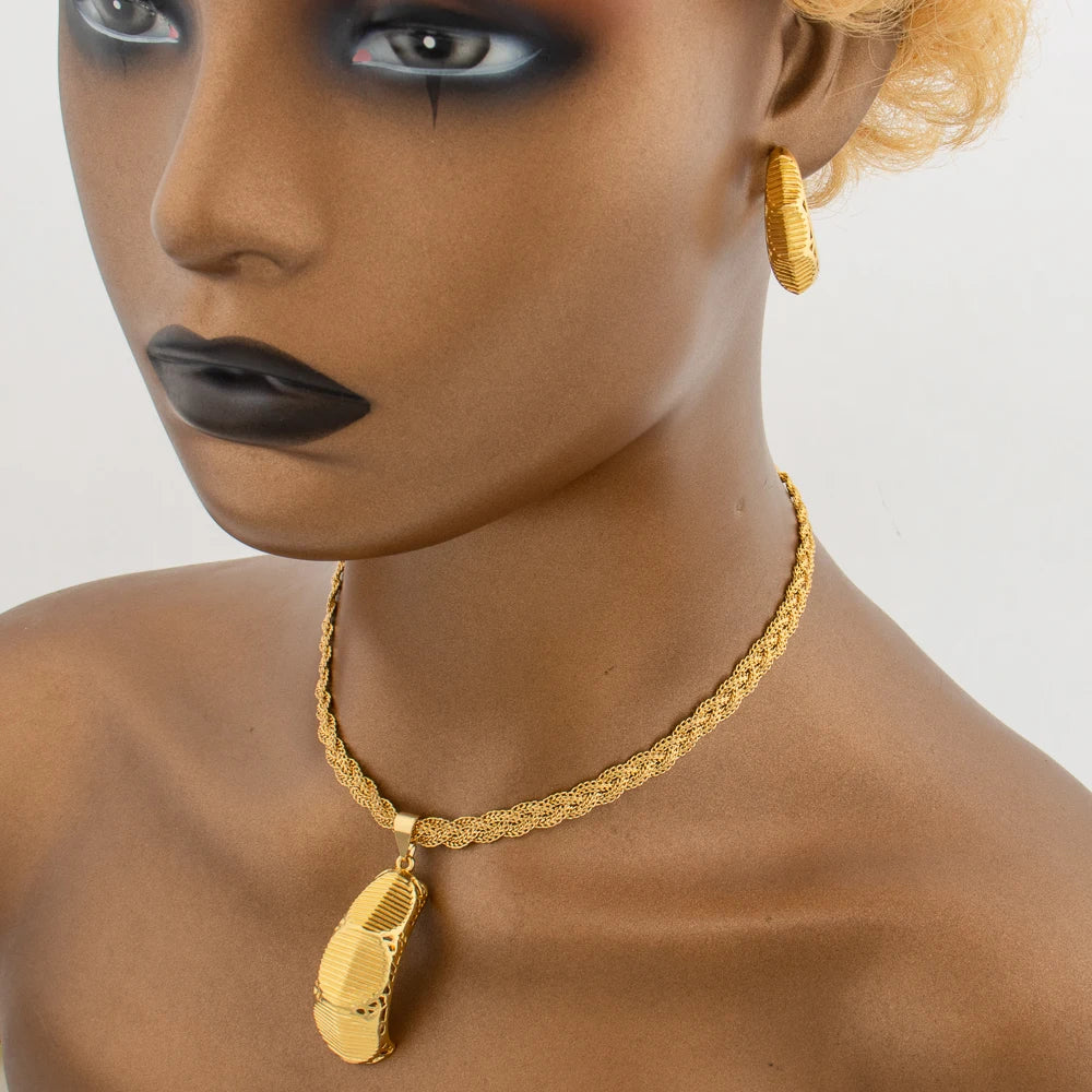 Gold Color Jewelry Set for Party Pendant Necklace and Hoop Earrings Elegant Ladies Bangle Ring Set
