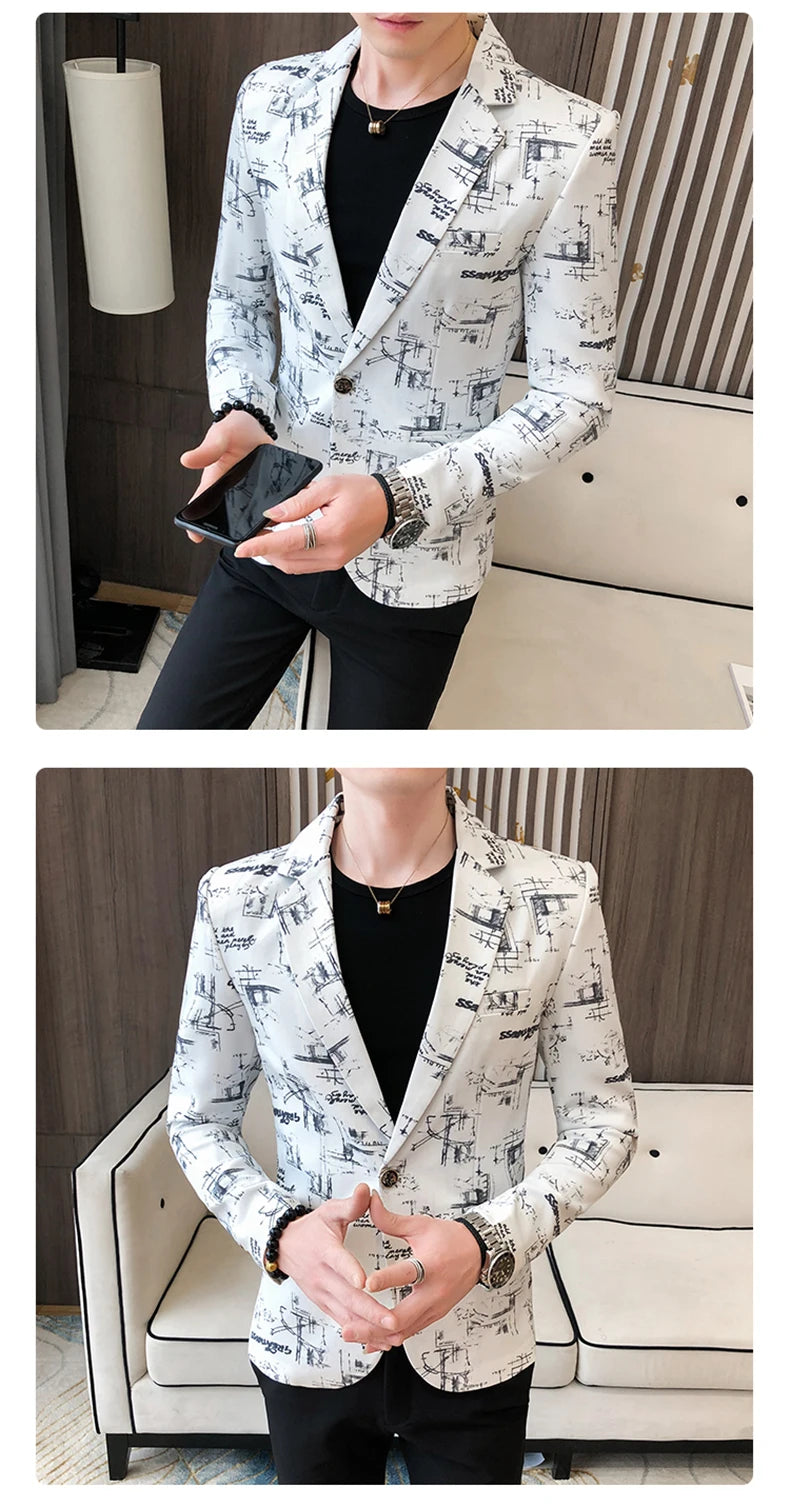 Men Blazer Spring Fashion High-quality Men Korean Version of The Printed Slim Formal Wedding Party Prom Suit Jacket