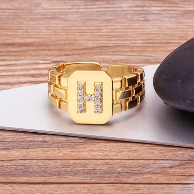 Gold Color Initial Ring Adjustable A-Z Letters Zircon Rings For Women