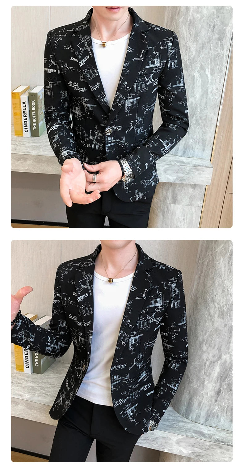 Men Blazer Spring Fashion High-quality Men Korean Version of The Printed Slim Formal Wedding Party Prom Suit Jacket