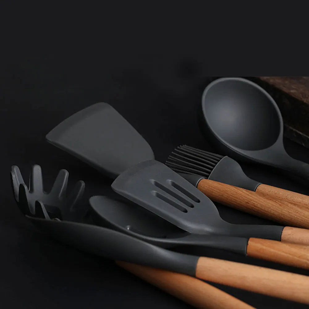 Cutlery, Silverware, Flatware, or Tableware (One Pcs Prices) Silicone Cooking Utensils With Wooden Handle Non-Sticky