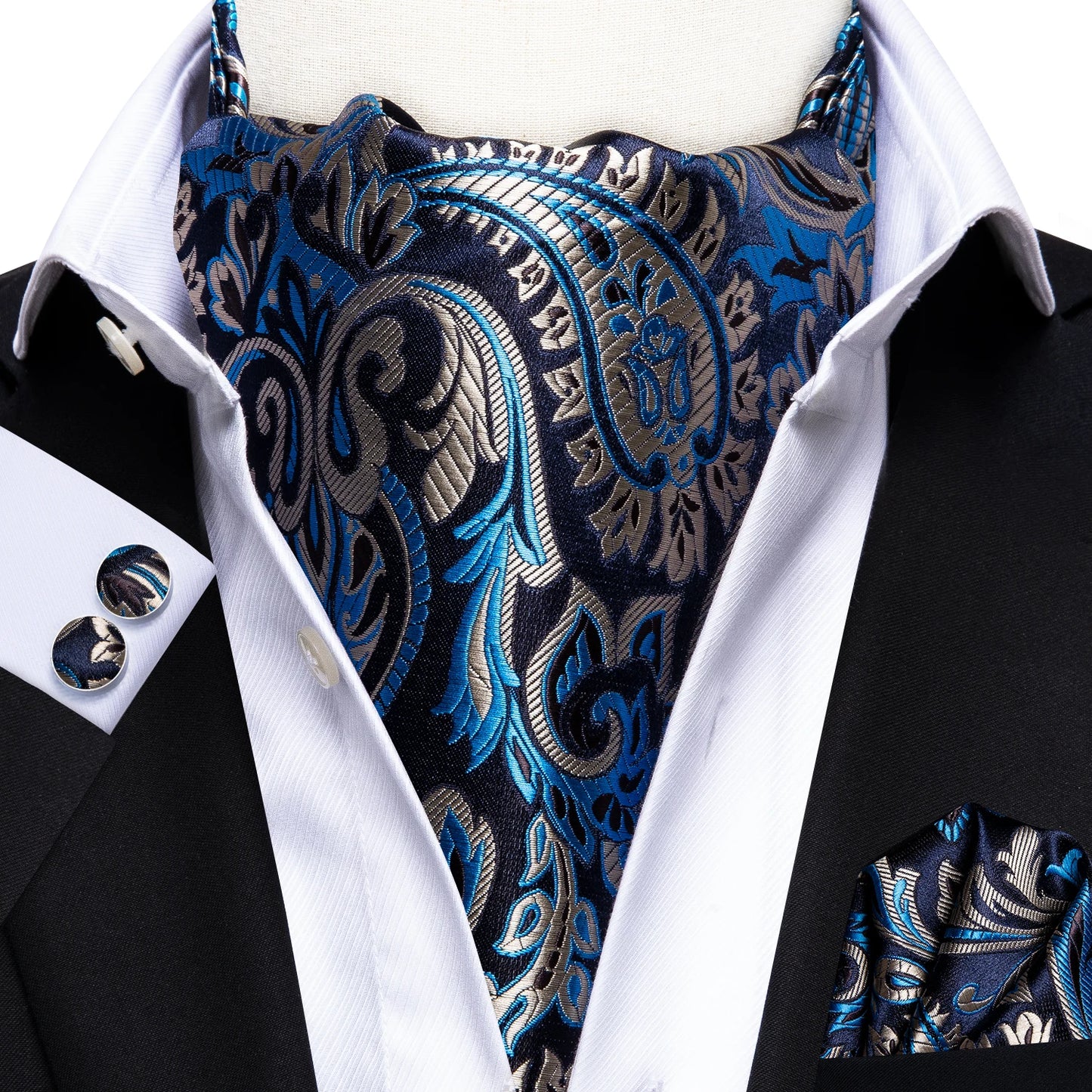 Men's Ascot Pocket Square Cufflinks Set Hi-Tie Silk Jacquard Floral Paisley Cravat Tie Male Formal Wedding Prom