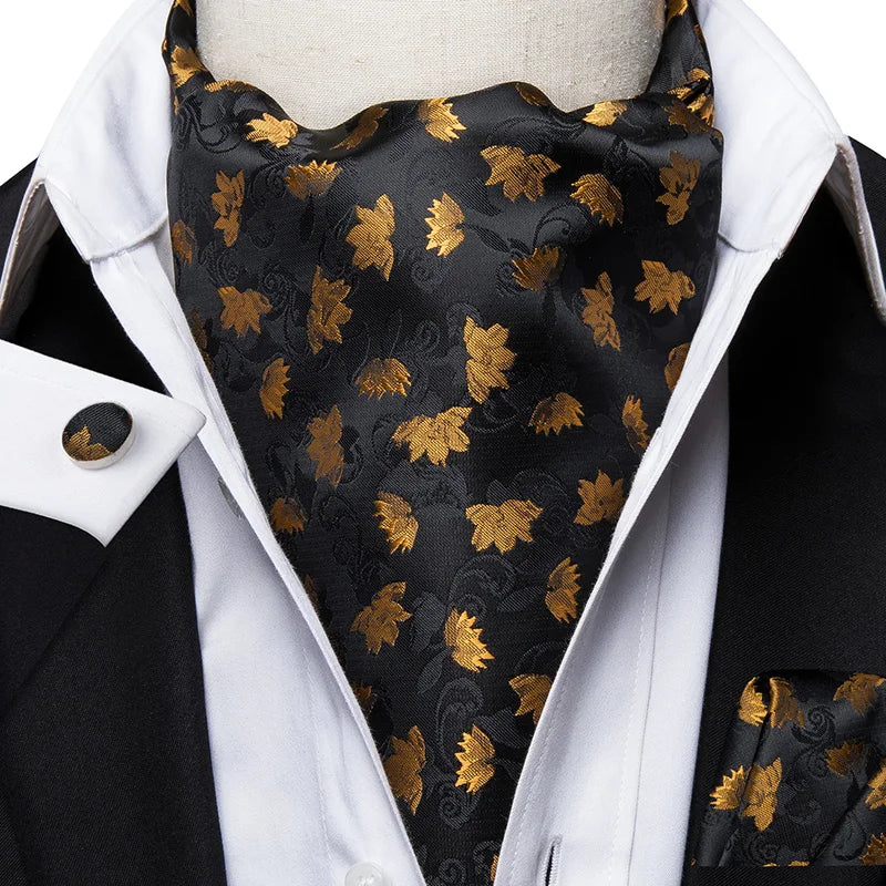 Men's Ascot Pocket Square Cufflinks Set Hi-Tie Silk Jacquard Floral Paisley Cravat Tie Male Formal Wedding Prom