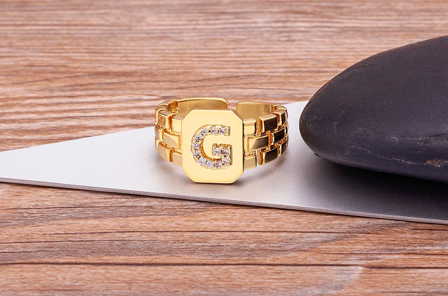 Gold Color Initial Ring Adjustable A-Z Letters Zircon Rings For Women