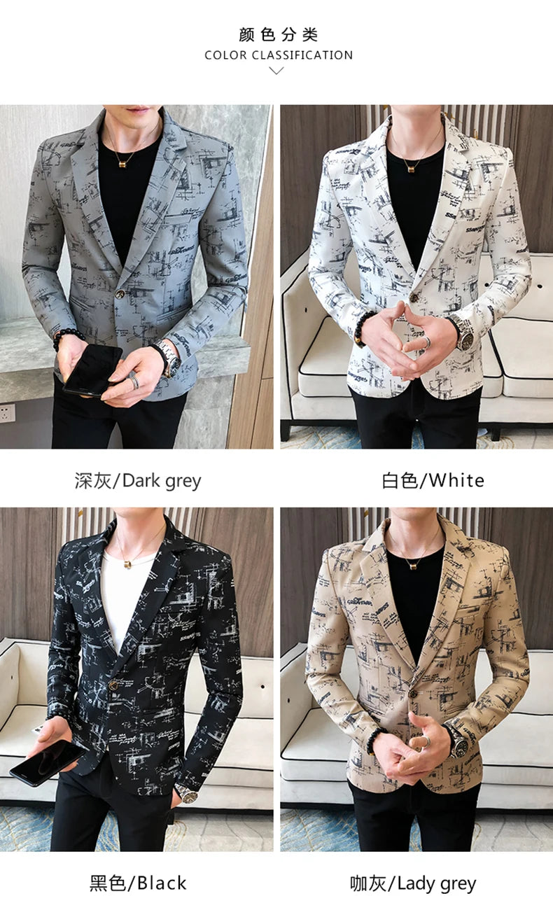 Men Blazer Spring Fashion High-quality Men Korean Version of The Printed Slim Formal Wedding Party Prom Suit Jacket