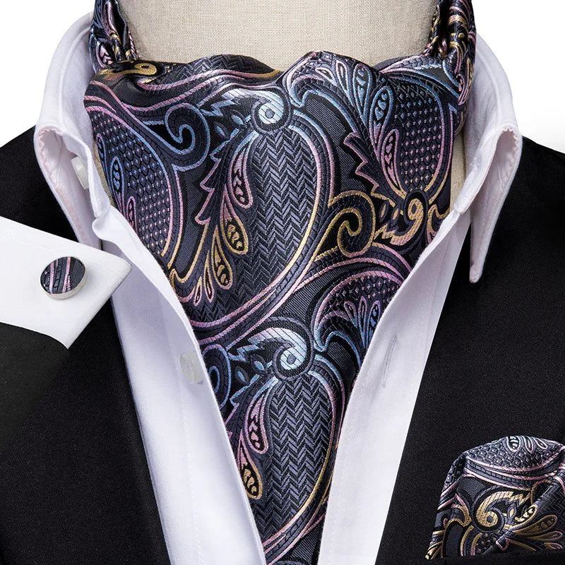 Men's Ascot Pocket Square Cufflinks Set Hi-Tie Silk Jacquard Floral Paisley Cravat Tie Male Formal Wedding Prom