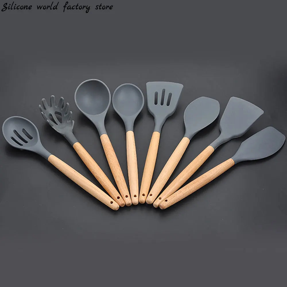 Cutlery, Silverware, Flatware, or Tableware (One Pcs Prices) Silicone Cooking Utensils With Wooden Handle Non-Sticky