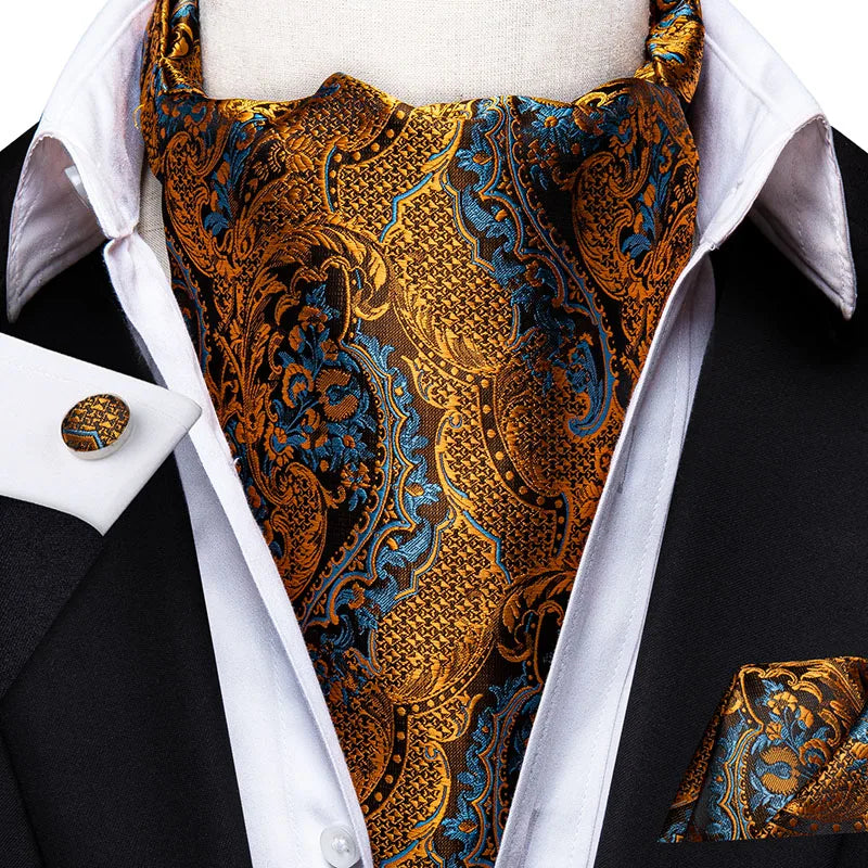Men's Ascot Pocket Square Cufflinks Set Hi-Tie Silk Jacquard Floral Paisley Cravat Tie Male Formal Wedding Prom