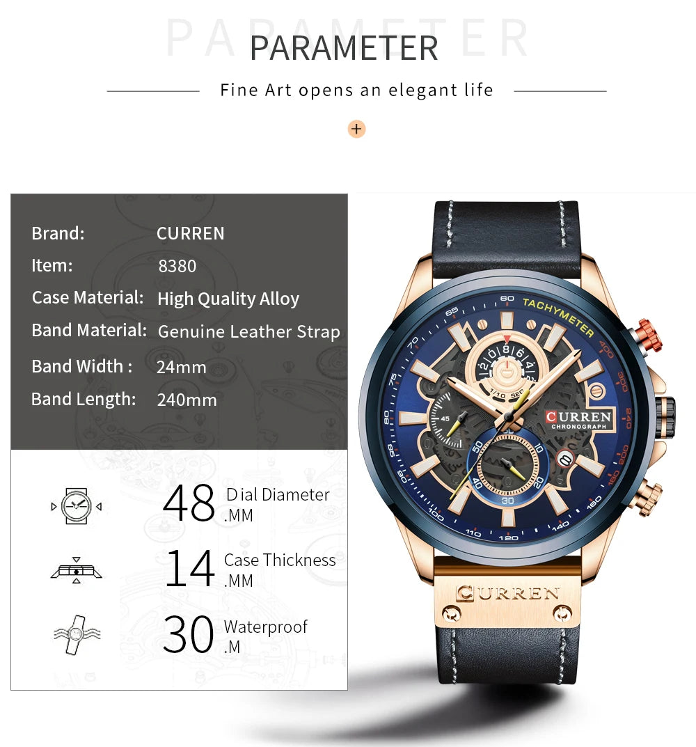 Men Watches CURREN Chronograph Genuine Leather Waterproof Wristwatches Relogio Masculino, Armbanduhren
