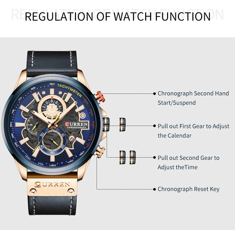 Men Watches CURREN Chronograph Genuine Leather Waterproof Wristwatches Relogio Masculino, Armbanduhren
