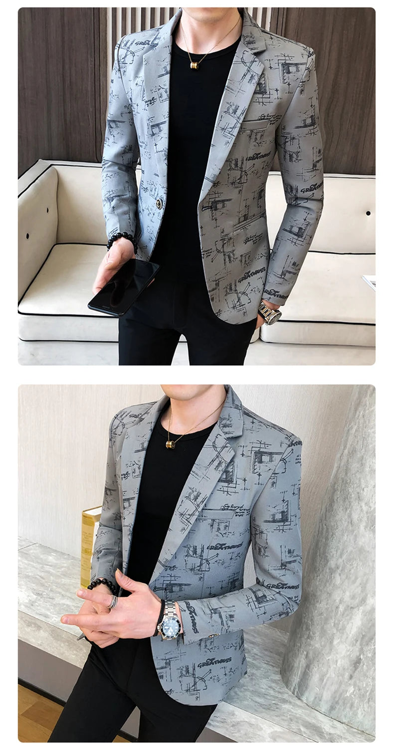 Men Blazer Spring Fashion High-quality Men Korean Version of The Printed Slim Formal Wedding Party Prom Suit Jacket