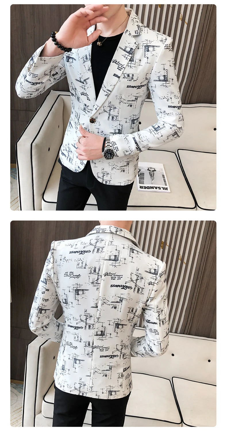 Men Blazer Spring Fashion High-quality Men Korean Version of The Printed Slim Formal Wedding Party Prom Suit Jacket