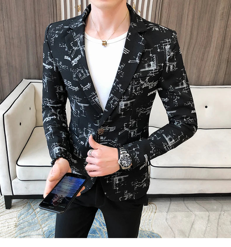 Men Blazer Spring Fashion High-quality Men Korean Version of The Printed Slim Formal Wedding Party Prom Suit Jacket