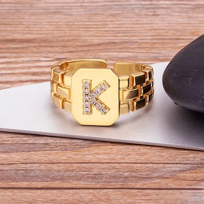 Gold Color Initial Ring Adjustable A-Z Letters Zircon Rings For Women