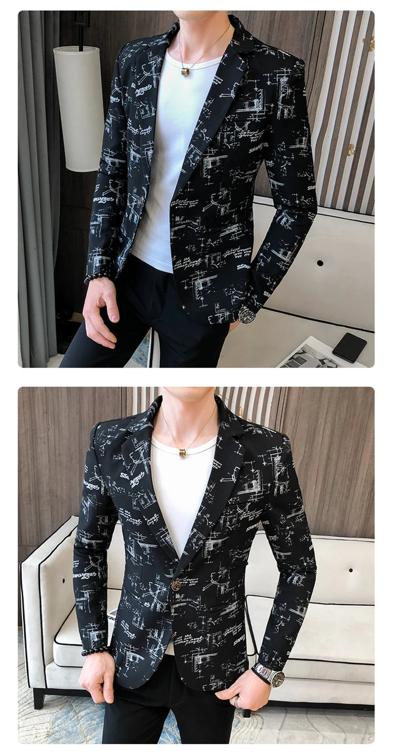 Men Blazer Spring Fashion High-quality Men Korean Version of The Printed Slim Formal Wedding Party Prom Suit Jacket