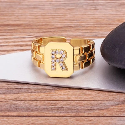 Gold Color Initial Ring Adjustable A-Z Letters Zircon Rings For Women