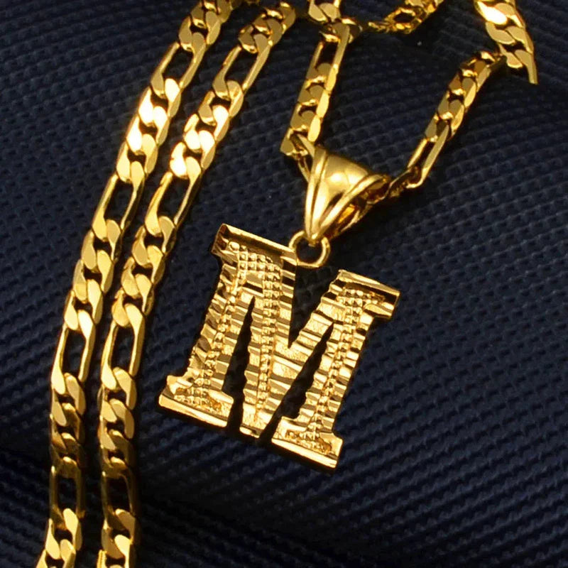 Gold plated pendant necklace with Figaro chain featuring an English initial alphabet letter for women, men, and girls.