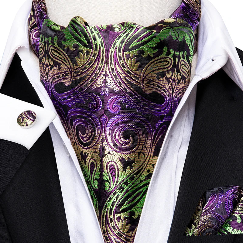 Men's Ascot Pocket Square Cufflinks Set Hi-Tie Silk Jacquard Floral Paisley Cravat Tie Male Formal Wedding Prom