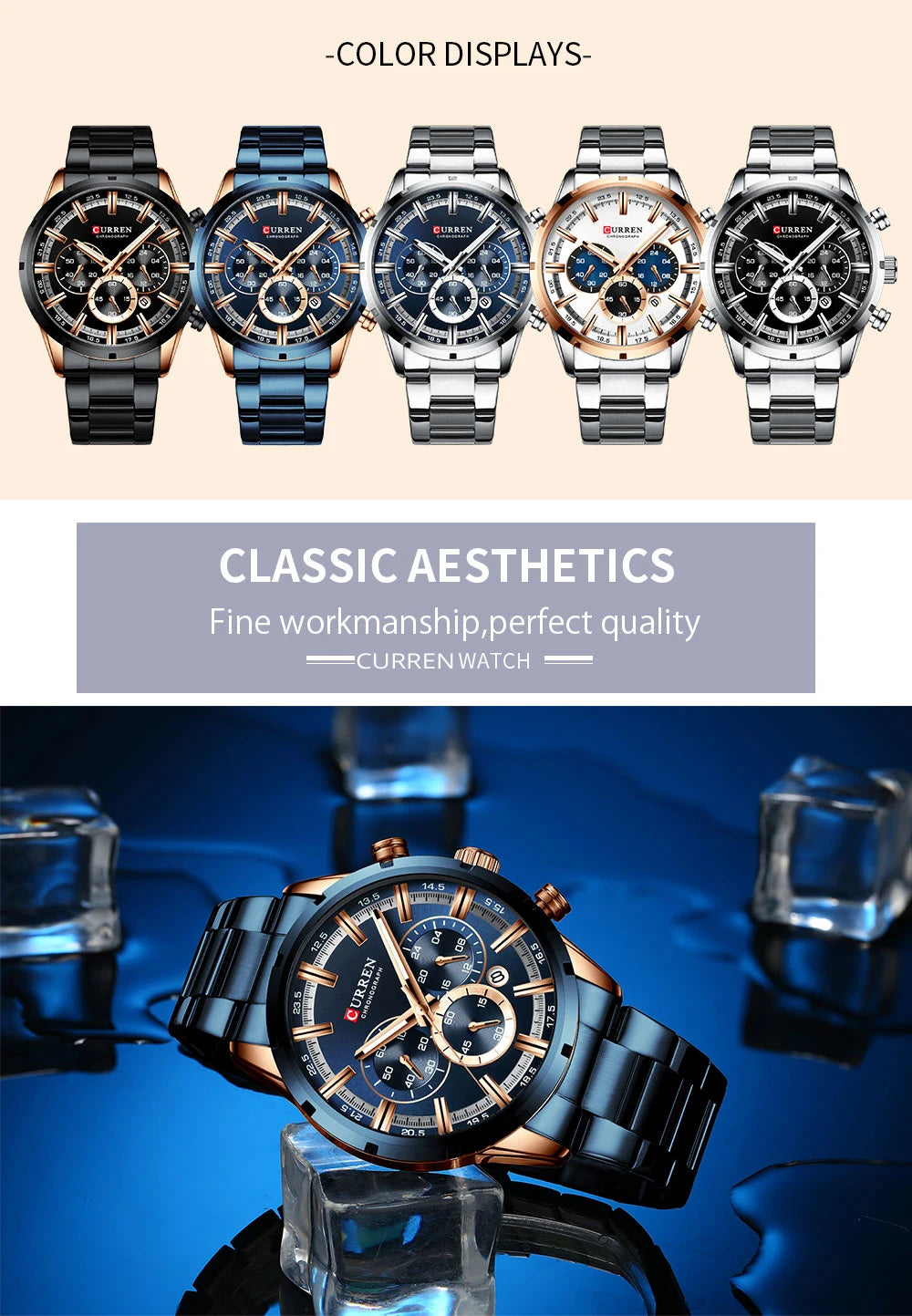 Men Quartz Watches Curren Stainless Steel Waterproof Men Wristwatches