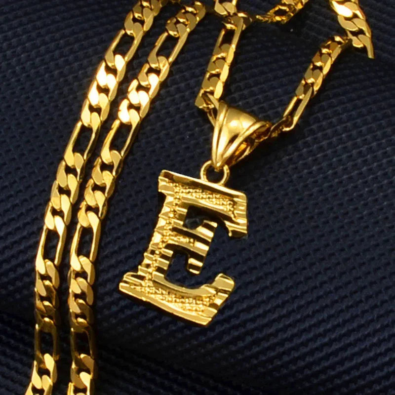 Gold plated pendant necklace with letter "E" on a Figaro chain for women, men, and girls.