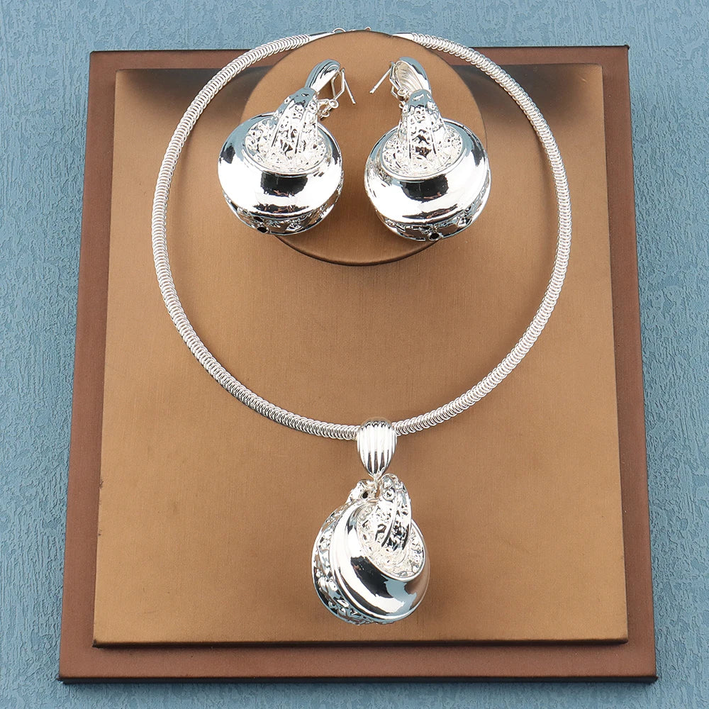 Golden or Silver Color Drop Earrings and Necklace Jewelry Set Pendant Jewelry Set