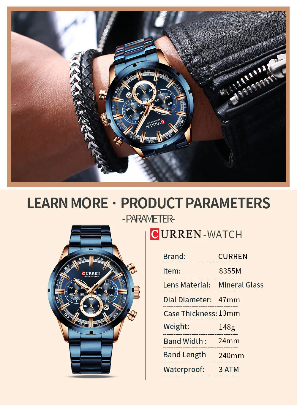 Men Quartz Watches Curren Stainless Steel Waterproof Men Wristwatches