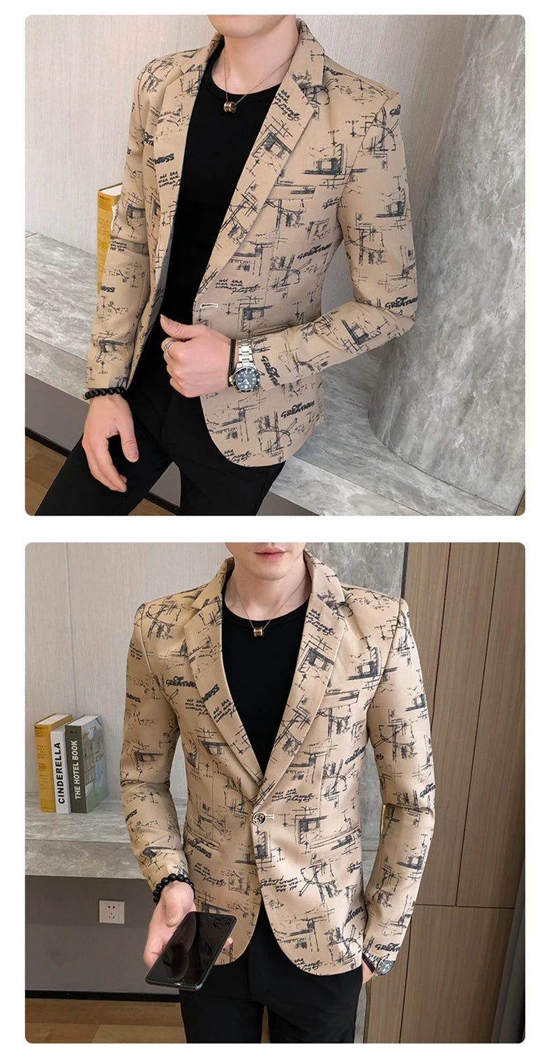 Men Blazer Spring Fashion High-quality Men Korean Version of The Printed Slim Formal Wedding Party Prom Suit Jacket