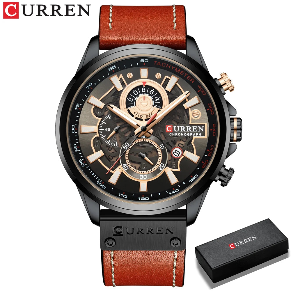 Men Watches CURREN Chronograph Genuine Leather Waterproof Wristwatches Relogio Masculino, Armbanduhren