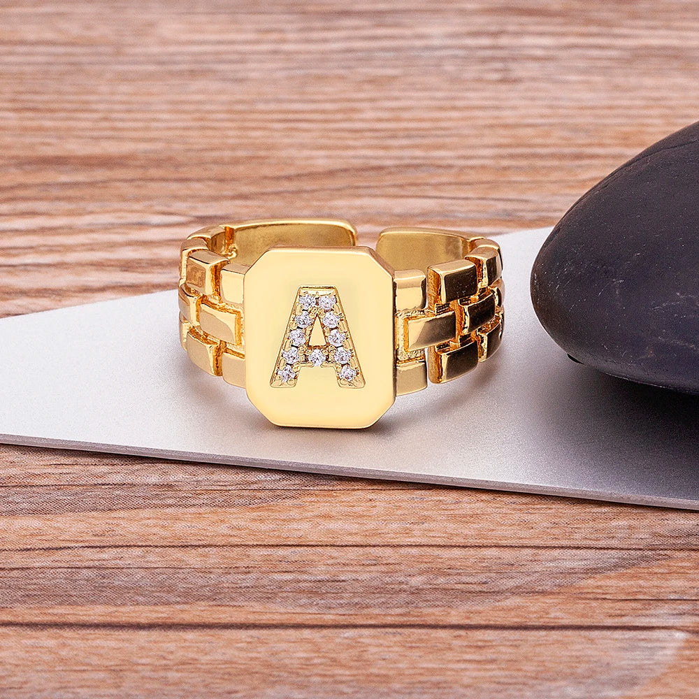 Gold Color Initial Ring Adjustable A-Z Letters Zircon Rings For Women