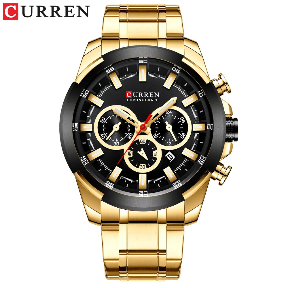 Men Quartz Watch CURREN Big Watch Quartz Wristwatches Chronograph Gold Design