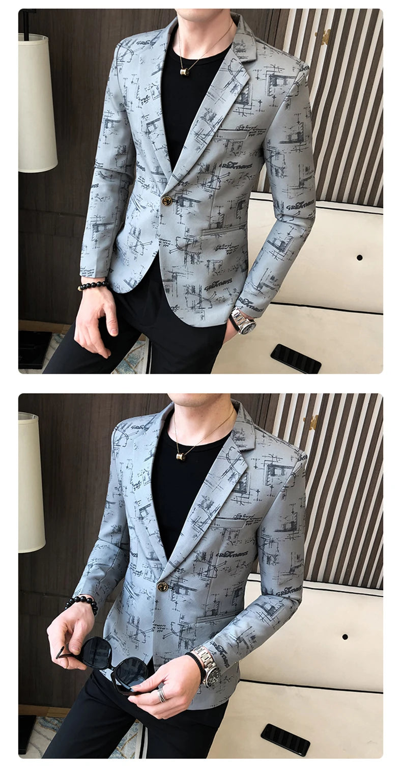 Men Blazer Spring Fashion High-quality Men Korean Version of The Printed Slim Formal Wedding Party Prom Suit Jacket