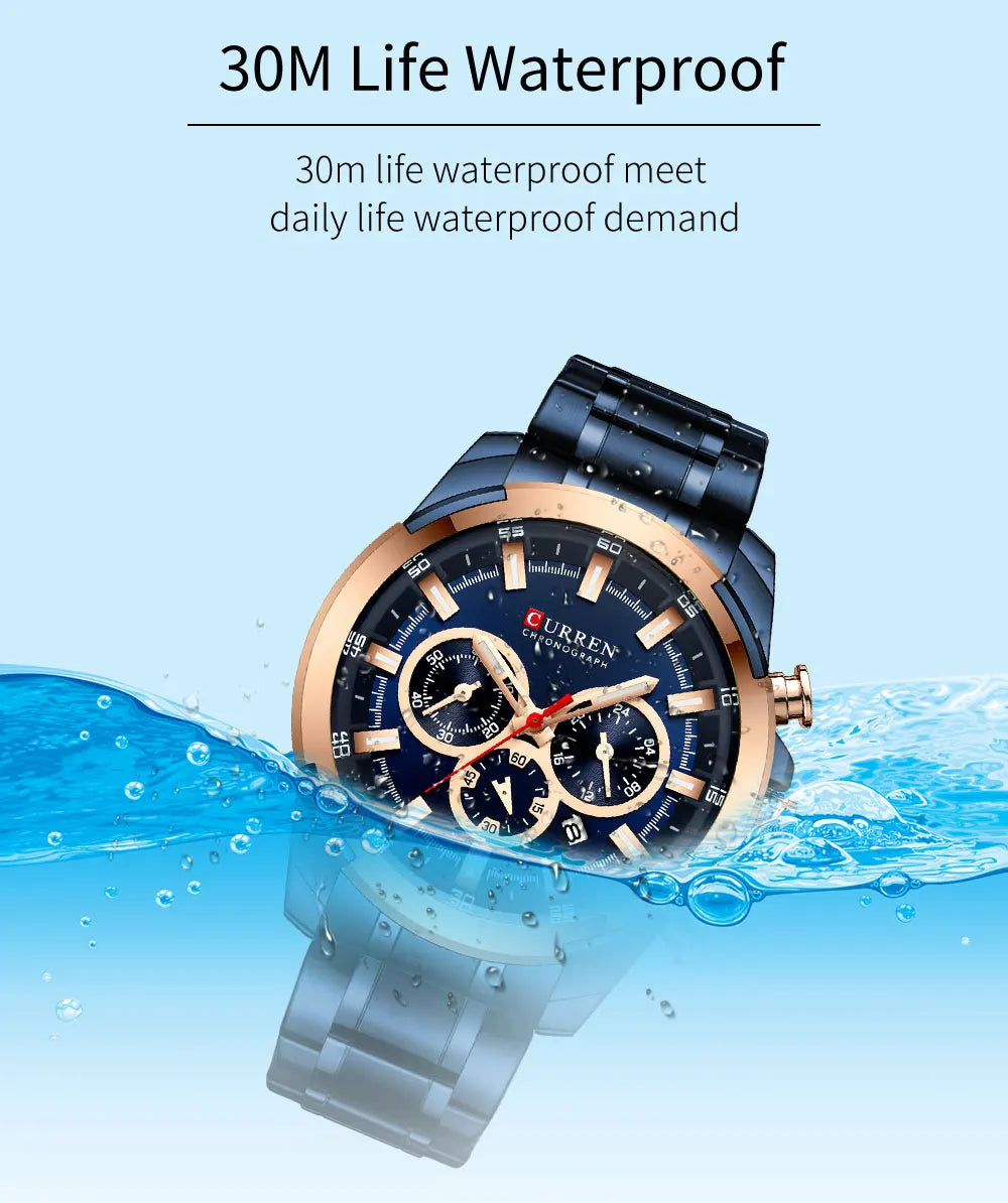 Men Quartz Watch CURREN Big Watch Quartz Wristwatches Chronograph Gold Design