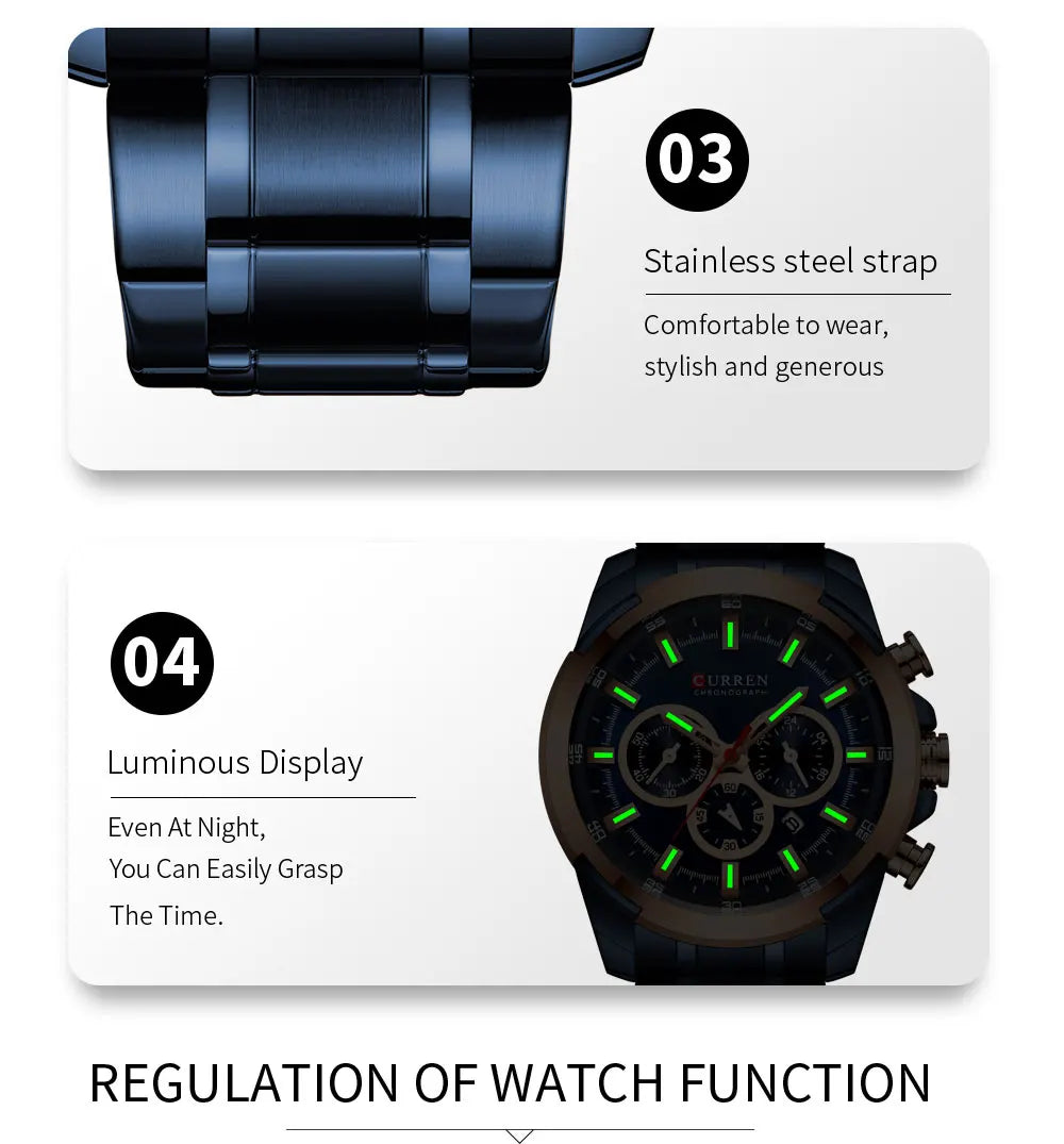 Men Quartz Watch CURREN Big Watch Quartz Wristwatches Chronograph Gold Design