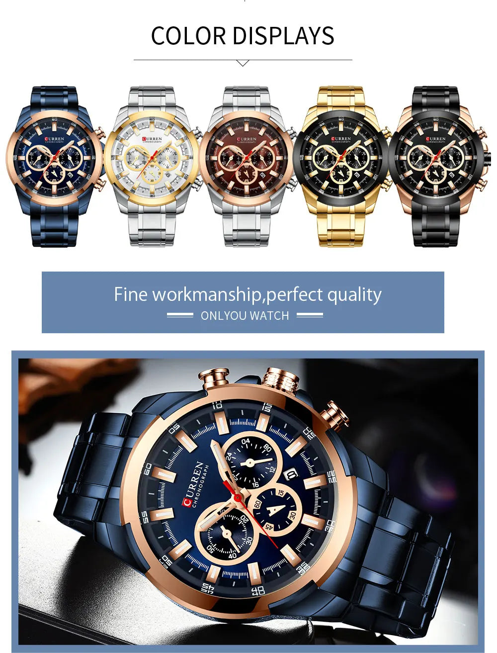 Men Quartz Watch CURREN Big Watch Quartz Wristwatches Chronograph Gold Design