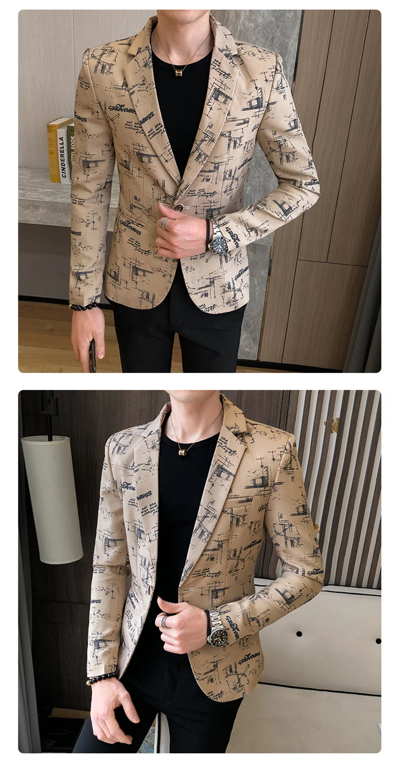 Men Blazer Spring Fashion High-quality Men Korean Version of The Printed Slim Formal Wedding Party Prom Suit Jacket