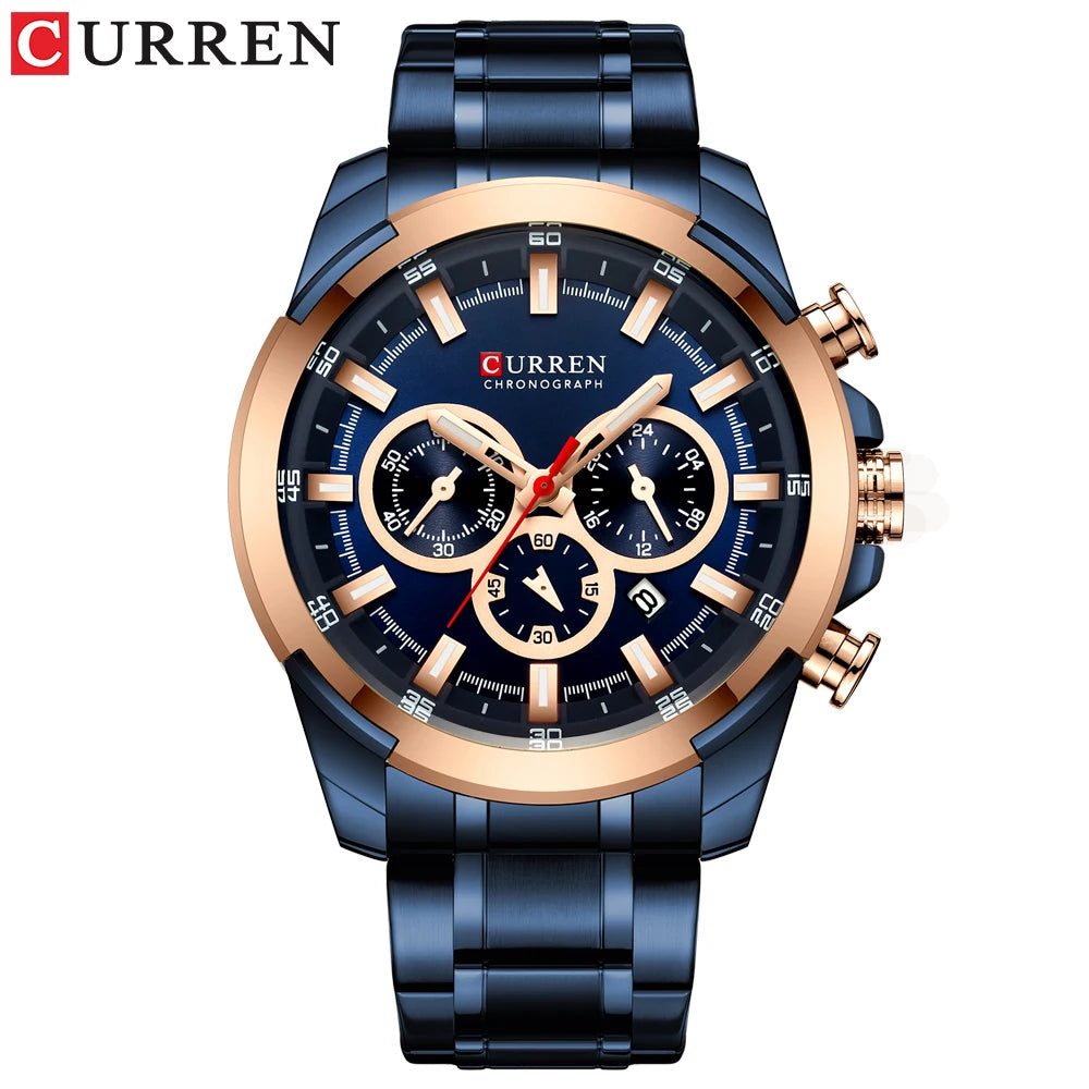 Men Quartz Watch CURREN Big Watch Quartz Wristwatches Chronograph Gold Design