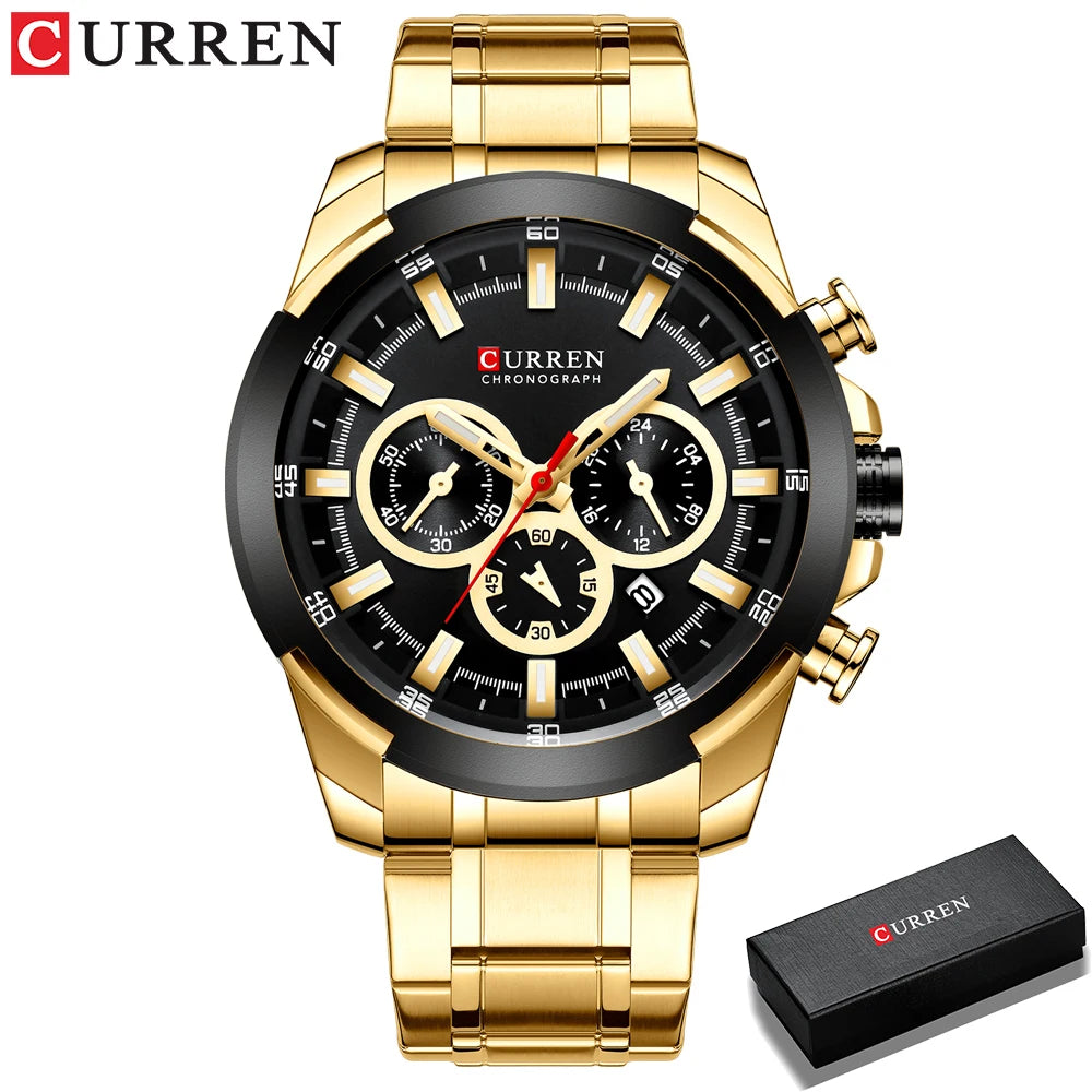 Men Quartz Watch CURREN Big Watch Quartz Wristwatches Chronograph Gold Design