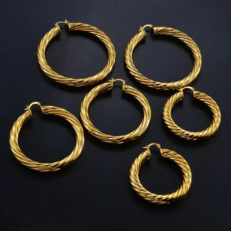 Gold & Silver Plated African Ethiopians Big Earrings 1 Pair of 5CM 6CM 7CM 8CM Women Large Round Brass Twisted Earring