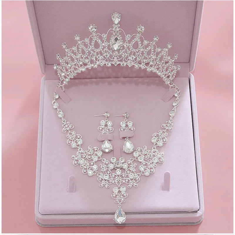 Crystal Wedding Bridal Jewelry Sets Women/Girl Gold Color Tiara/Crown Earrings Choker Necklace Bride Jewelry Set