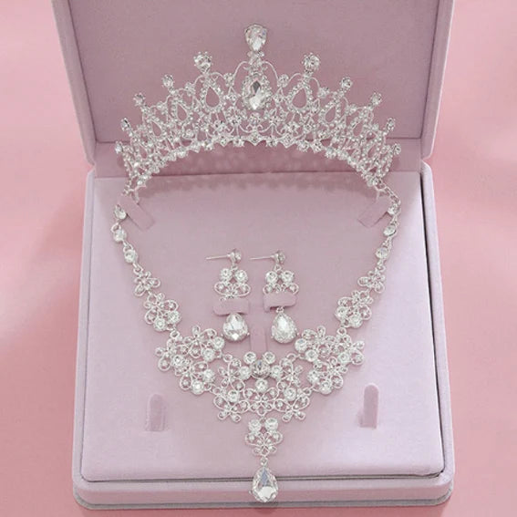 Crystal Wedding Bridal Jewelry Sets Women/Girl Gold Color Tiara/Crown Earrings Choker Necklace Bride Jewelry Set