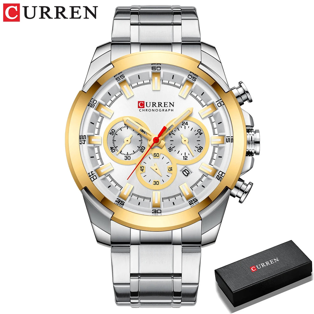 Men Quartz Watch CURREN Big Watch Quartz Wristwatches Chronograph Gold Design