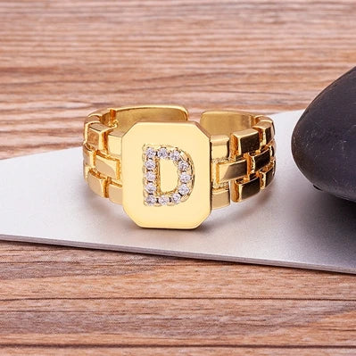 Gold Color Initial Ring Adjustable A-Z Letters Zircon Rings For Women