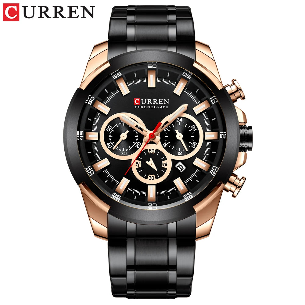 Men Quartz Watch CURREN Big Watch Quartz Wristwatches Chronograph Gold Design
