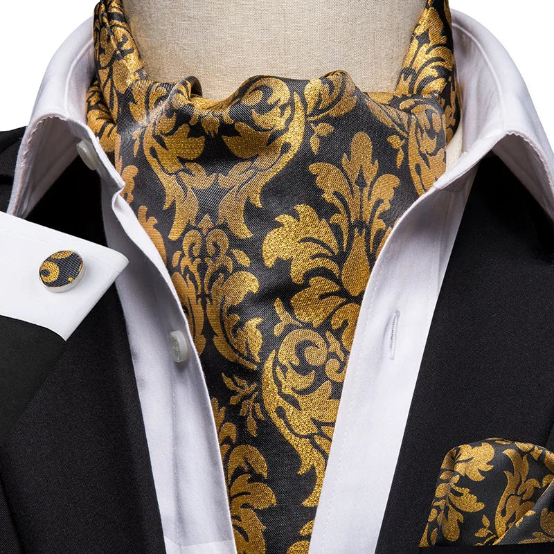 Men's Ascot Pocket Square Cufflinks Set Hi-Tie Silk Jacquard Floral Paisley Cravat Tie Male Formal Wedding Prom