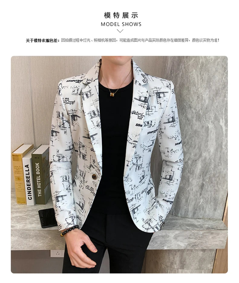 Men Blazer Spring Fashion High-quality Men Korean Version of The Printed Slim Formal Wedding Party Prom Suit Jacket