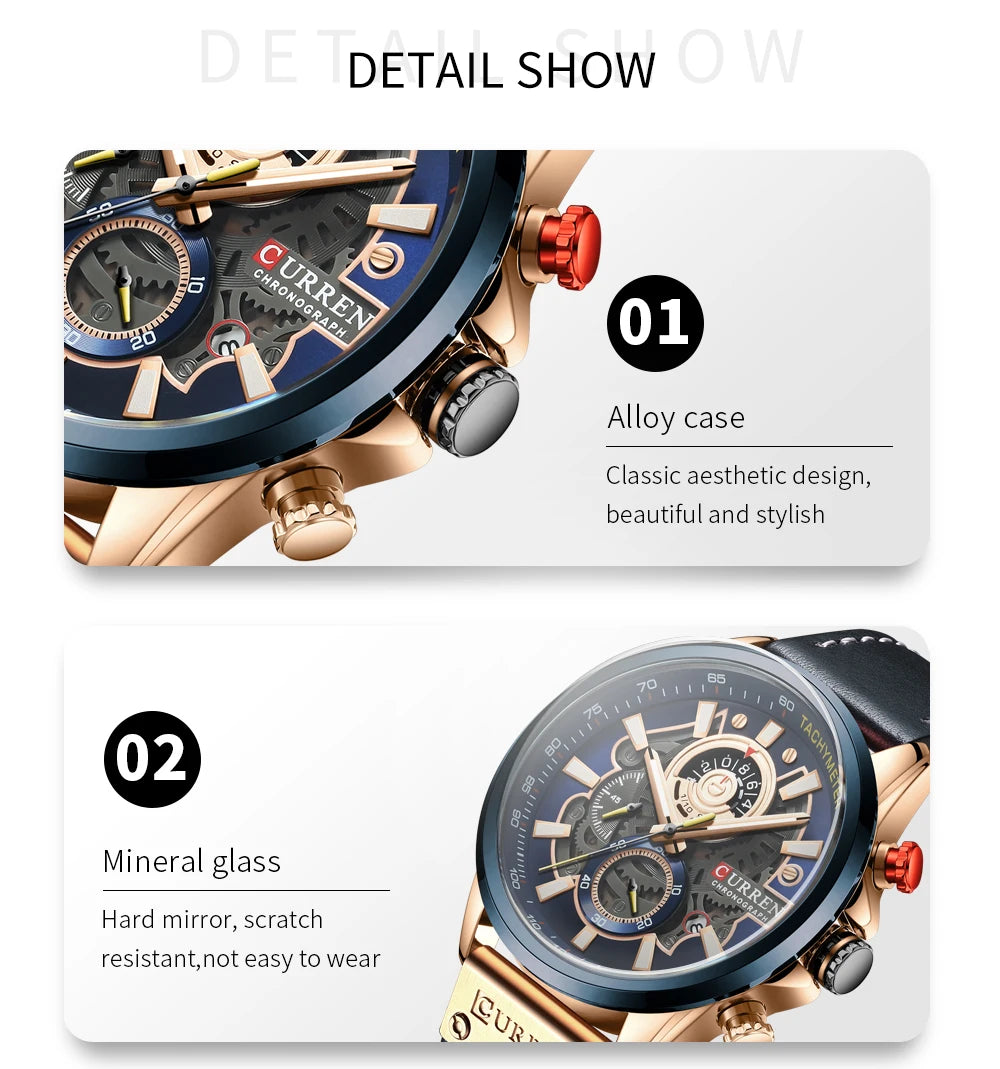 Men Watches CURREN Chronograph Genuine Leather Waterproof Wristwatches Relogio Masculino, Armbanduhren